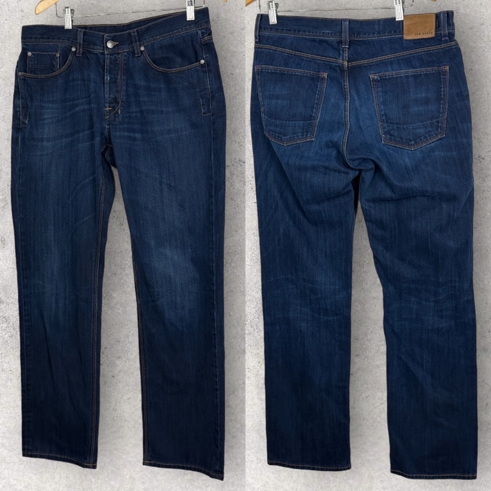 Ted Baker Button Fly Straight Jeans Dark Blue Denim Size 36 Mens‎ Stiff Cotton